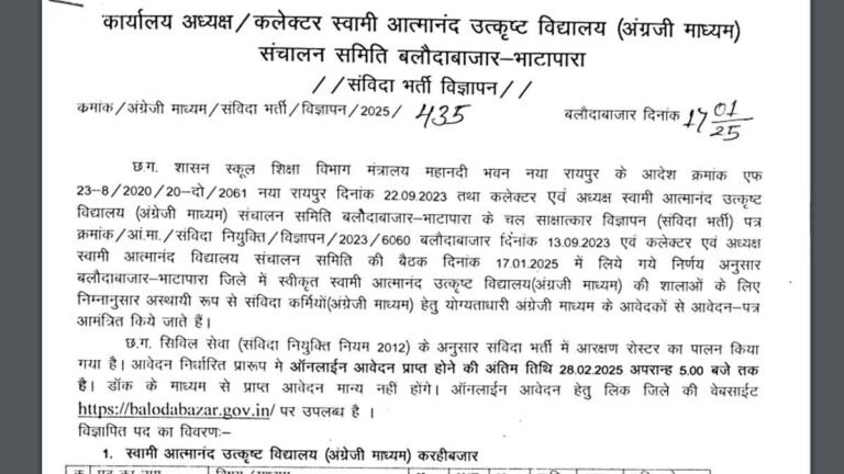 Swami Atmanand School Baloda Bazar Bhathapara Teaching Bharti 2025