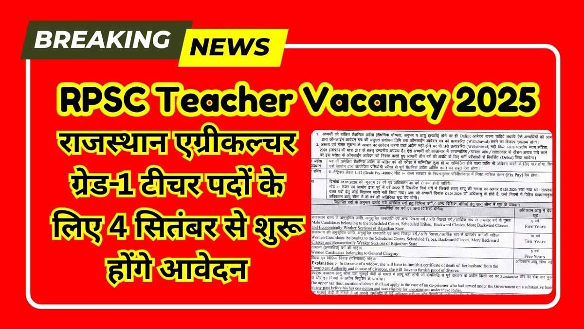 RPSC Teacher Vacancy 2025: राजस्थान एग्रीकल्चर ग्रेड-1 टीचर पदों के लिए 4 सितंबर से शुरू होंगे आवेदन, Great Job Opportunity 1 RPSC Teacher Vacancy 2025