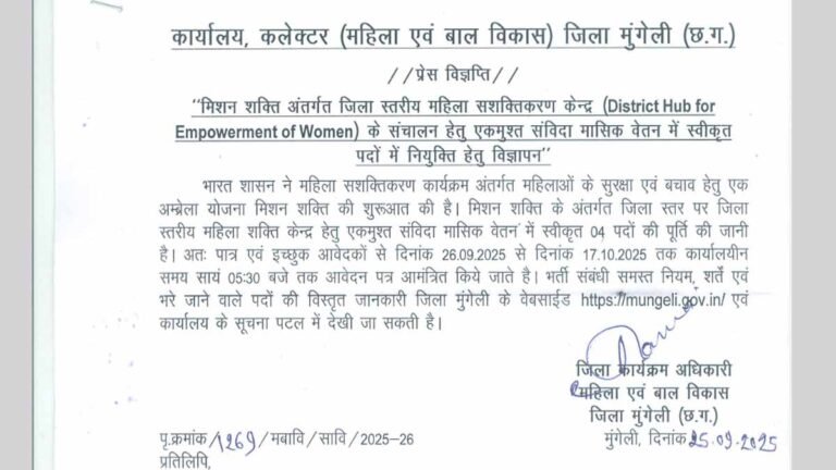 जिला स्तरीय महिला सशक्तिकरण केंद्र संचालन जिला मुंगेली छत्तीसगढ़