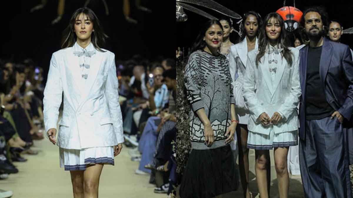 Ananya Panday ivory skirt blazer outfit: ओवरसाइज्ड ब्लेजर में अनन्या का ग्लैमरस अंदाज, फैंस हुए दीवाने 1 Ananya Panday Ramp Walk